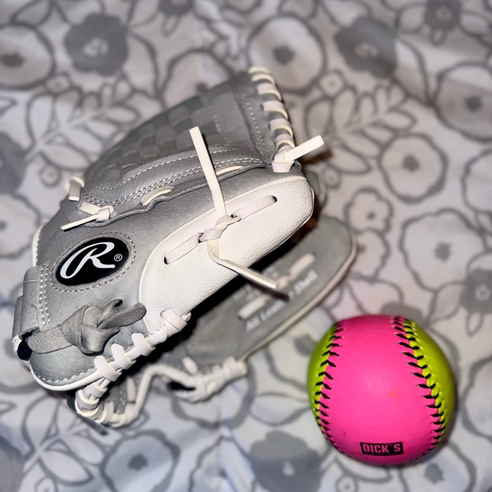 Boy’s or Girl’s Rawlings Gray and White Glove with Pink and Yellow Softball
